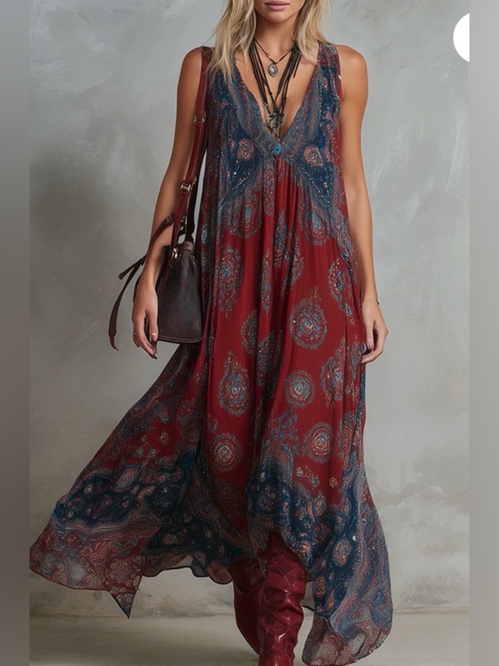 Oyrosy NWT Retro Ethnic Bohemian Chiffon Sleeveless Maxi Dress Claret Large